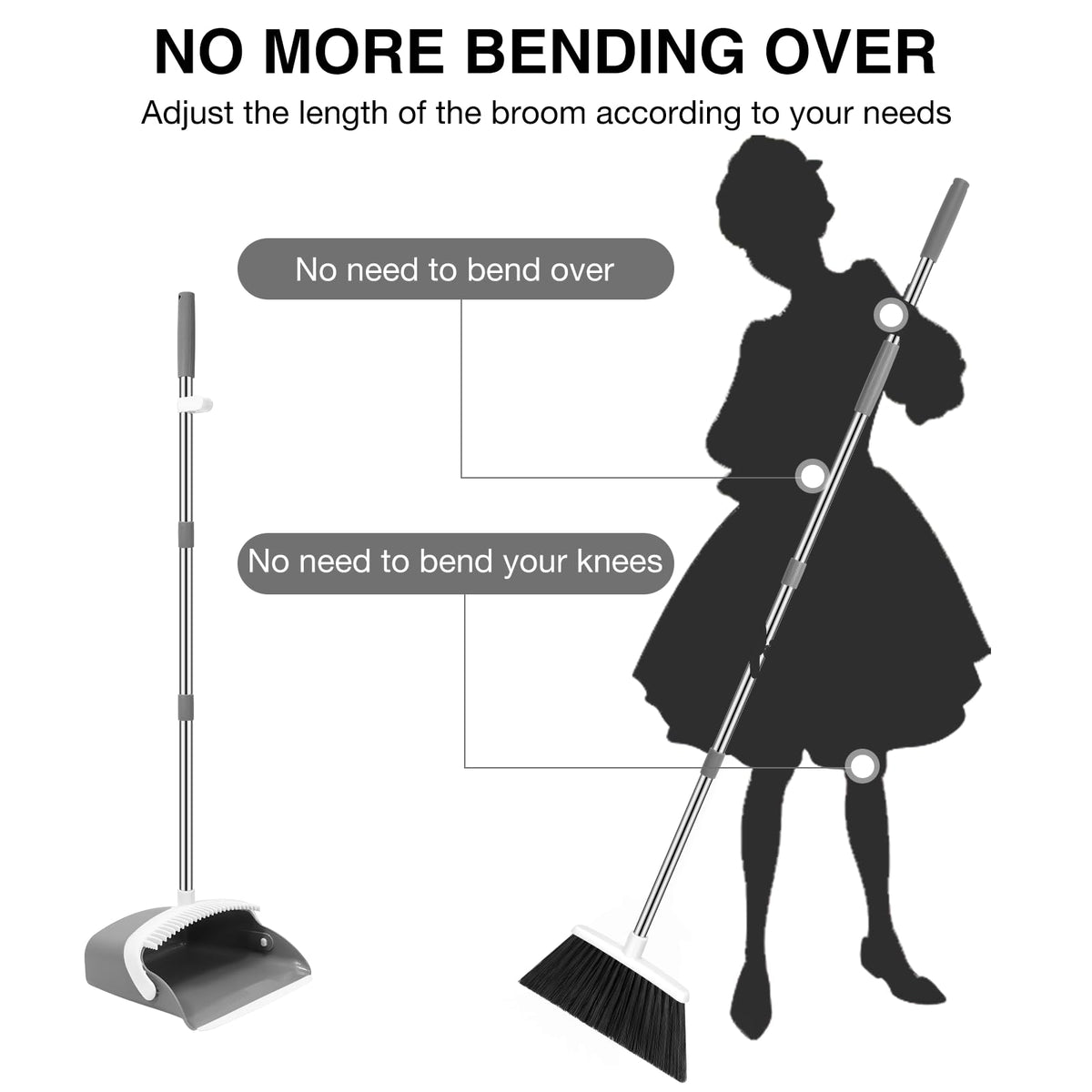 NACENA Broom and Dustpan Set, 52-in Long Adjustable Handle Broom Dustpan Combo with Dustpan Teeth to Automatically Clean Hair Suitable for Home Kitchen Office Hall Floor（Black&Red）