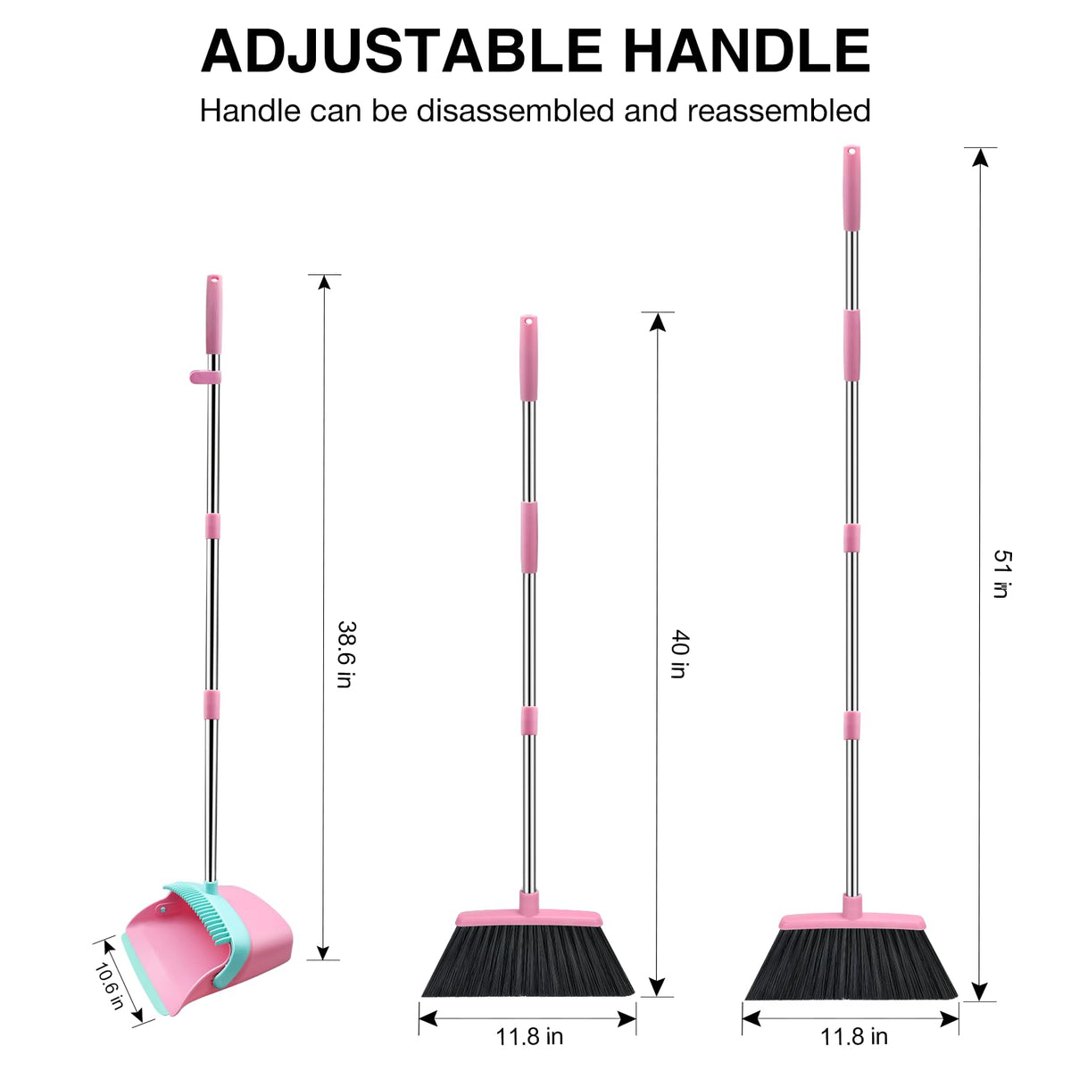 NACENA Broom and Dustpan Set, 52-in Long Adjustable Handle Broom Dustpan Combo with Dustpan Teeth to Automatically Clean Hair Suitable for Home Kitchen Office Hall Floor（Black&Red）