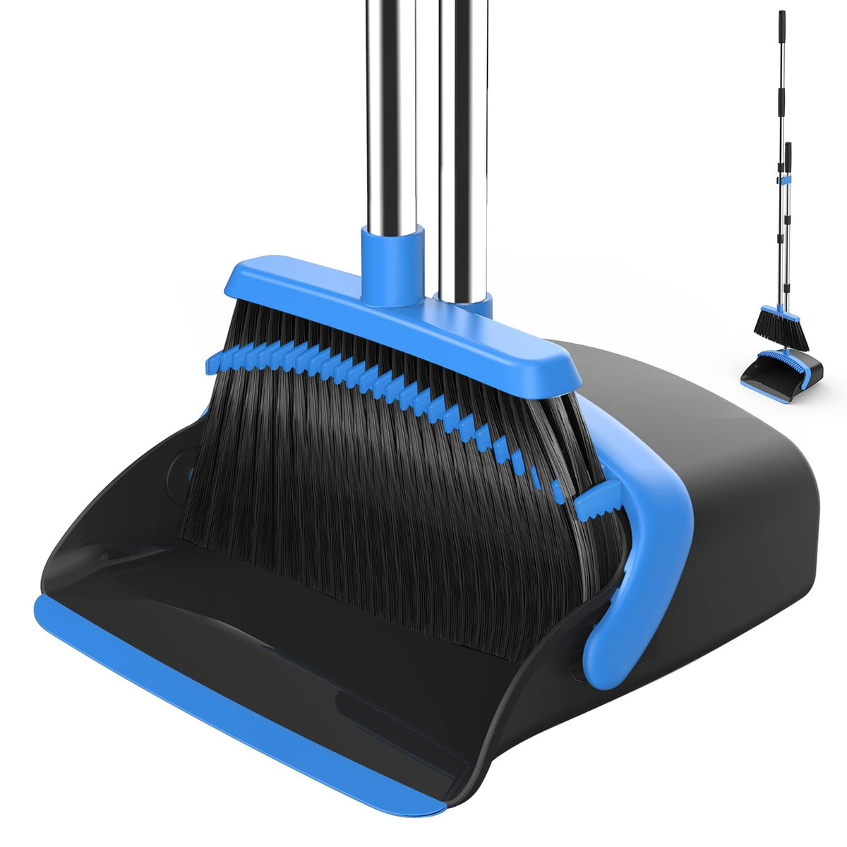 NACENA Broom and Dustpan Set, 52-in Long Adjustable Handle Broom Dustpan Combo with Dustpan Teeth to Automatically Clean Hair Suitable for Home Kitchen Office Hall Floor（Black&Red）