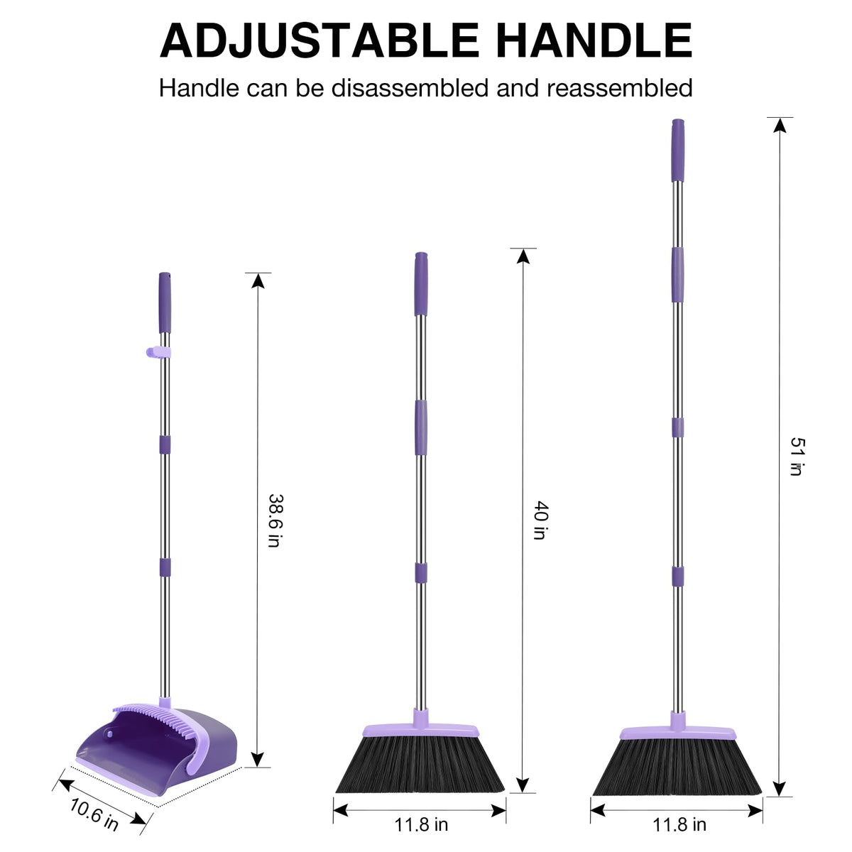 NACENA Broom and Dustpan Set, 52-in Long Adjustable Handle Broom Dustpan Combo with Dustpan Teeth to Automatically Clean Hair Suitable for Home Kitchen Office Hall Floor（Black&Red）