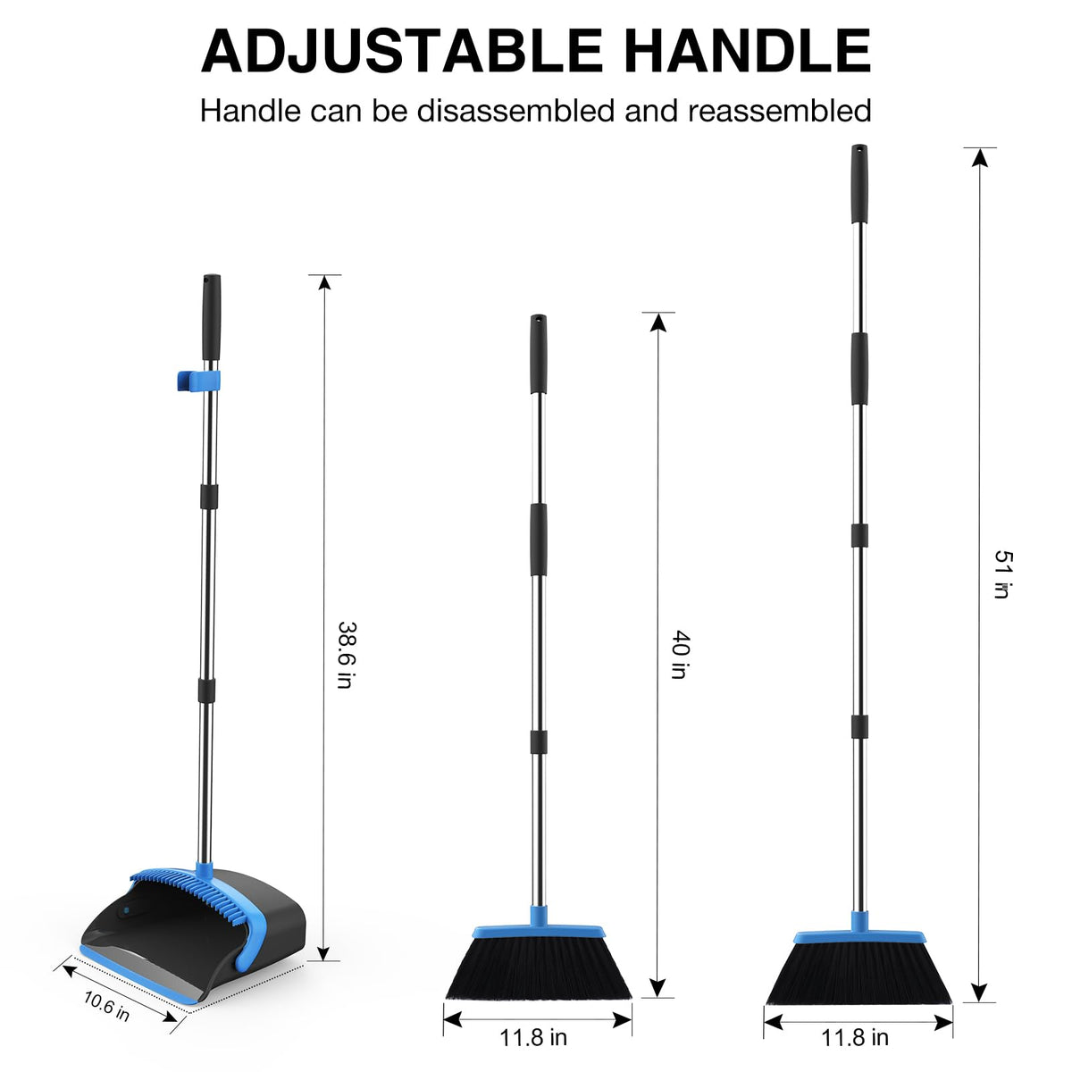 NACENA Broom and Dustpan Set, 52-in Long Adjustable Handle Broom Dustpan Combo with Dustpan Teeth to Automatically Clean Hair Suitable for Home Kitchen Office Hall Floor（Black&Red）