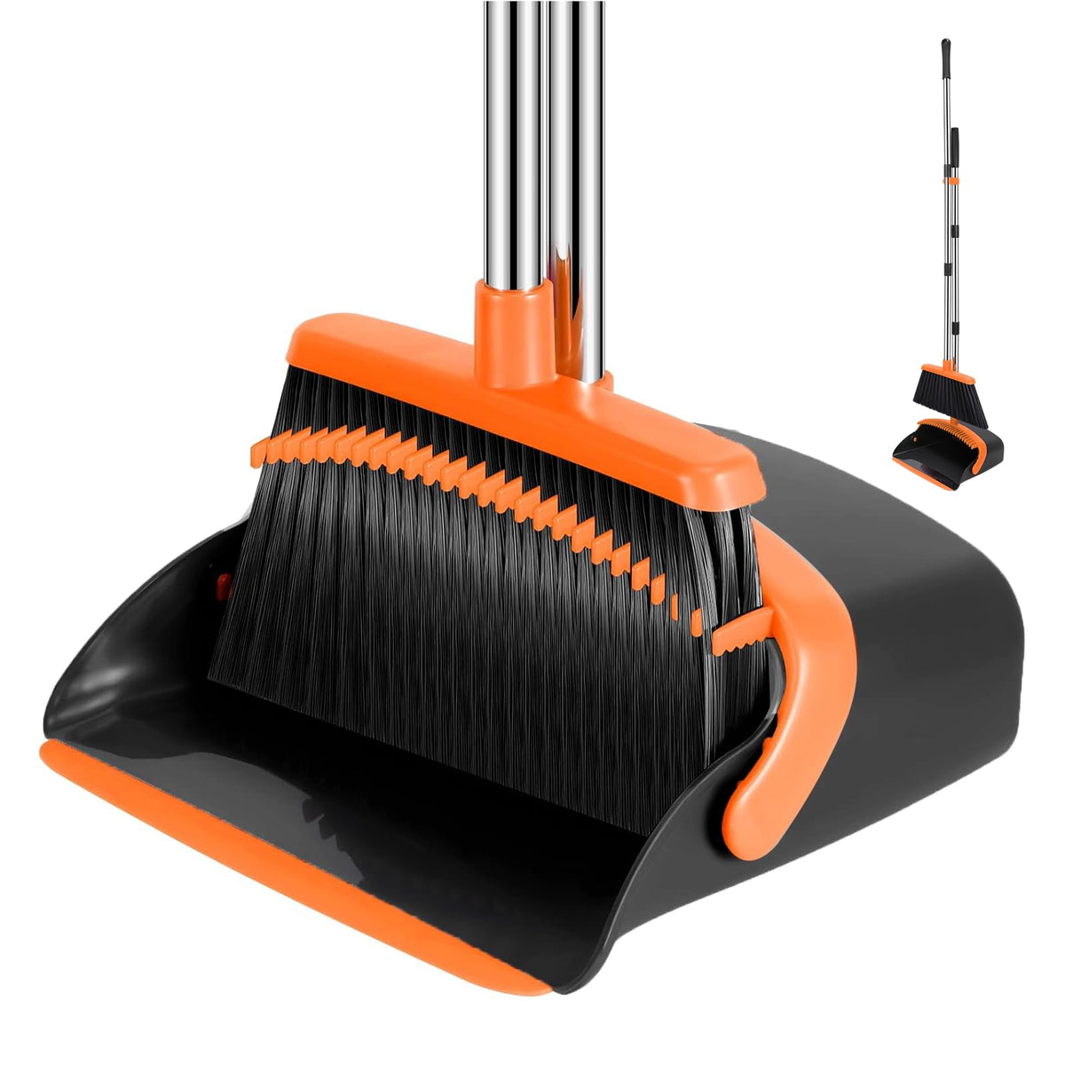 NACENA Broom and Dustpan Set, 52-in Long Adjustable Handle Broom Dustpan Combo with Dustpan Teeth to Automatically Clean Hair Suitable for Home Kitchen Office Hall Floor（Black&Red）