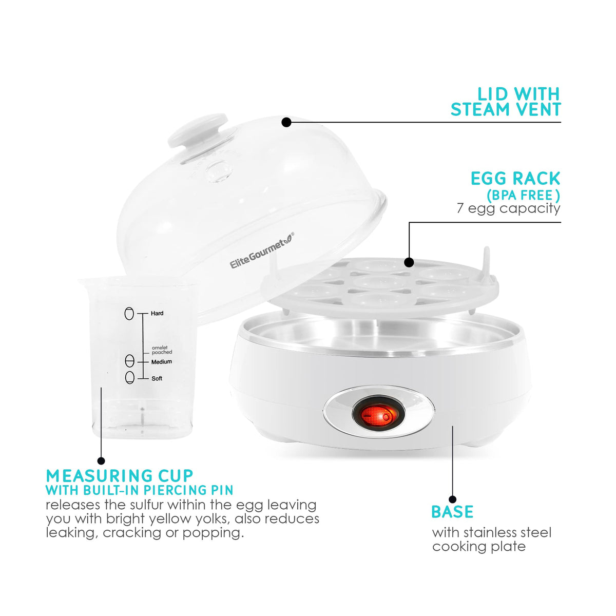 Elite Gourmet EGC115M Easy Egg Cooker, 7-Egg, BPA-Free, Retro Mint | Cooks soft, medium, or hard-boiled eggs with auto shut-off - electric operation - includes measuring cup