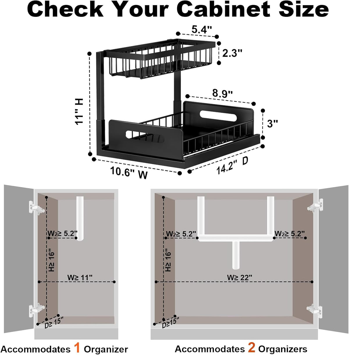 Under Sink Organizer, L-Shaped Pull Out Cabinet Organizer, Kitchen | 2 Tier Metal Slide Out Shelf for Kitchen, Bathroom, Laundry, and Utility Cabinet Storage for Deep Cabinets, Black, 1 Pack