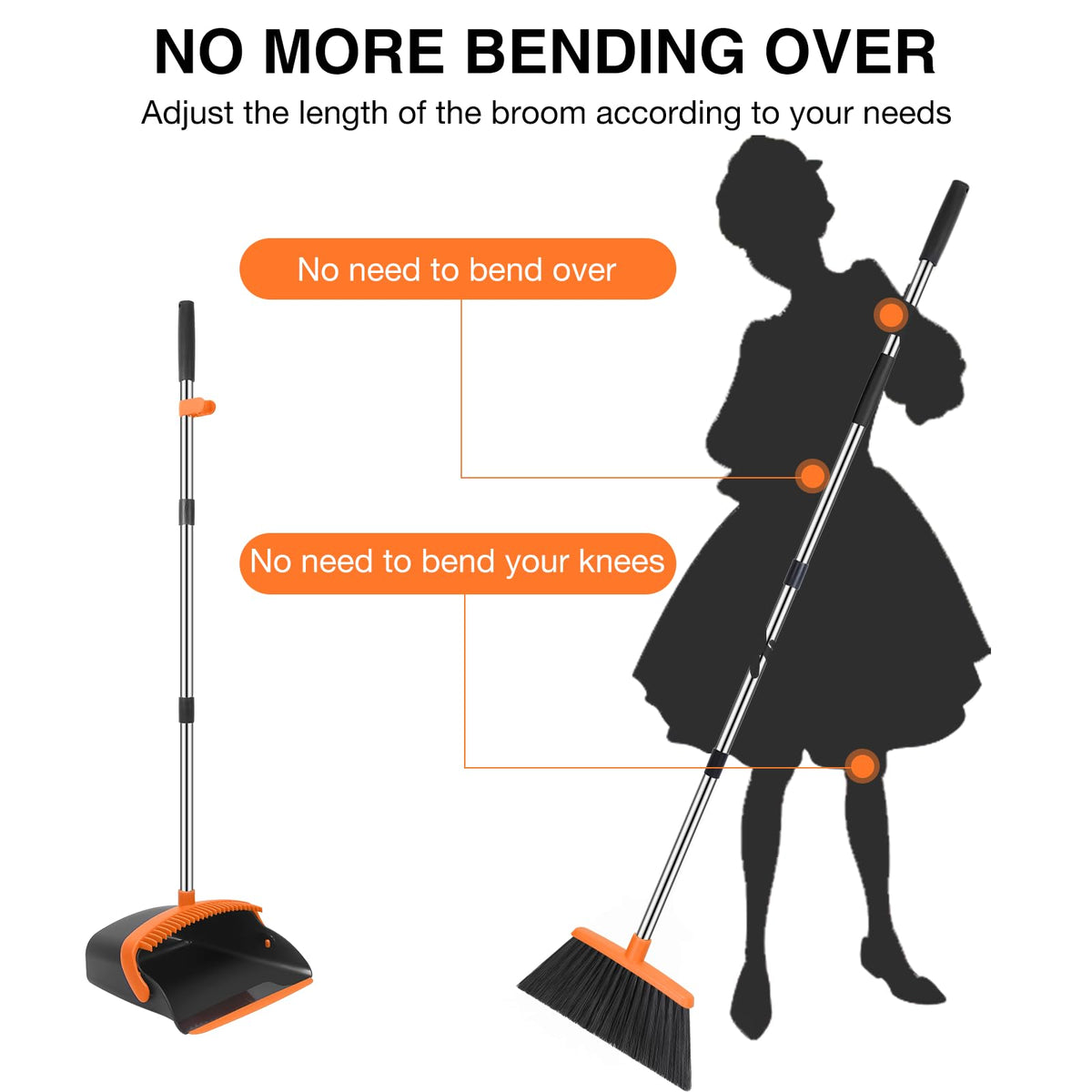 NACENA Broom and Dustpan Set, 52-in Long Adjustable Handle Broom Dustpan Combo with Dustpan Teeth to Automatically Clean Hair Suitable for Home Kitchen Office Hall Floor（Black&Red）