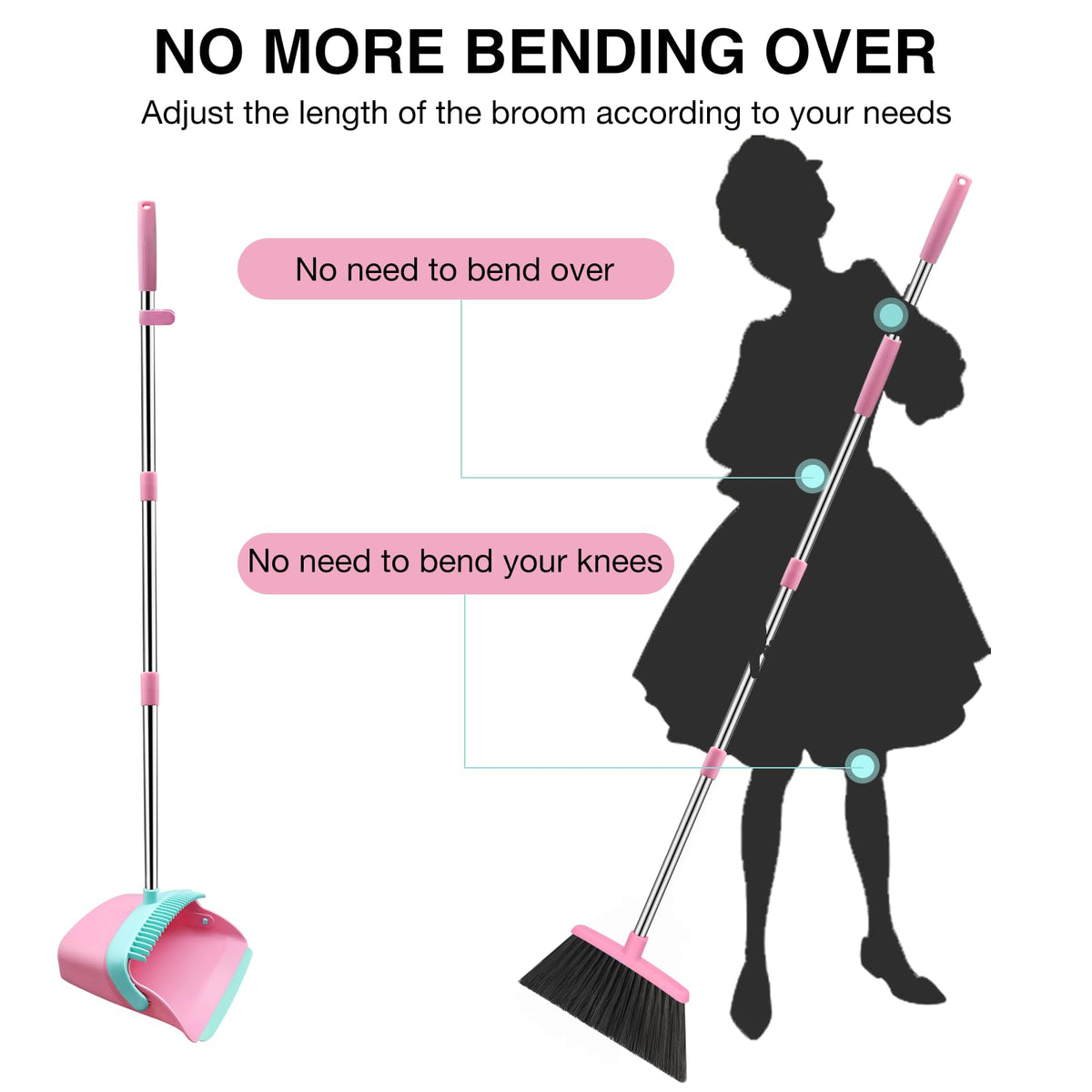 NACENA Broom and Dustpan Set, 52-in Long Adjustable Handle Broom Dustpan Combo with Dustpan Teeth to Automatically Clean Hair Suitable for Home Kitchen Office Hall Floor（Black&Red）