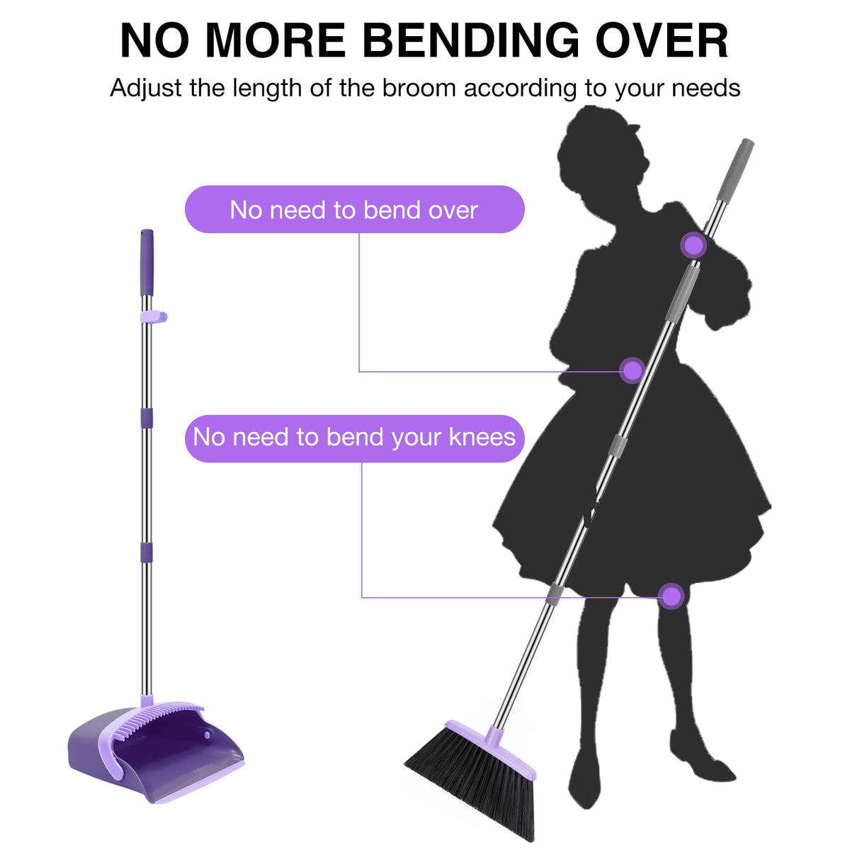 NACENA Broom and Dustpan Set, 52-in Long Adjustable Handle Broom Dustpan Combo with Dustpan Teeth to Automatically Clean Hair Suitable for Home Kitchen Office Hall Floor（Black&Red）