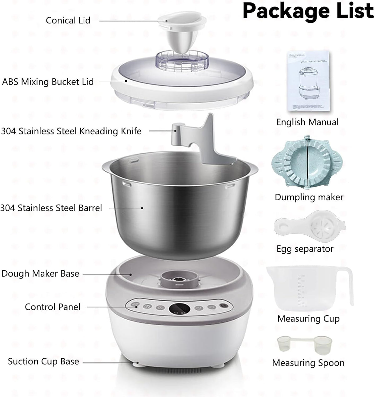 Dough Mixer 7.4QT Large Capacity Electric Dough Maker with Ferment Function for Baking Bread Dough&Pizza Dough - Dough whisk 304 Stainless Steel Blender Add water/seasoning with Top Small Window