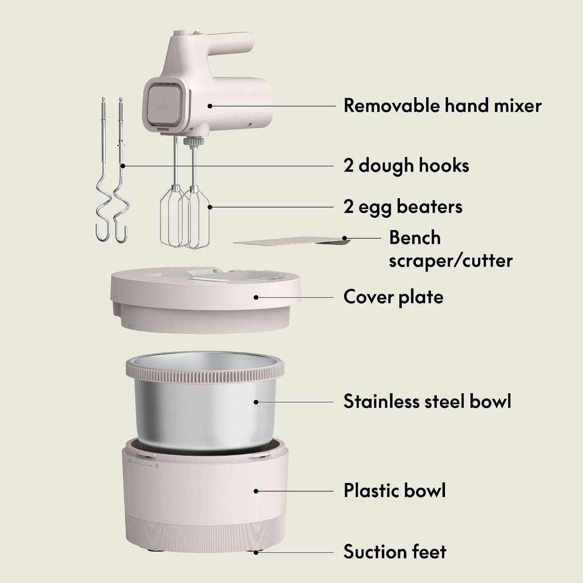 bella 3.5 Qt Hand & Stand Mixer, 2 in 1 Electric Mixer with Bowl, Oatmilk