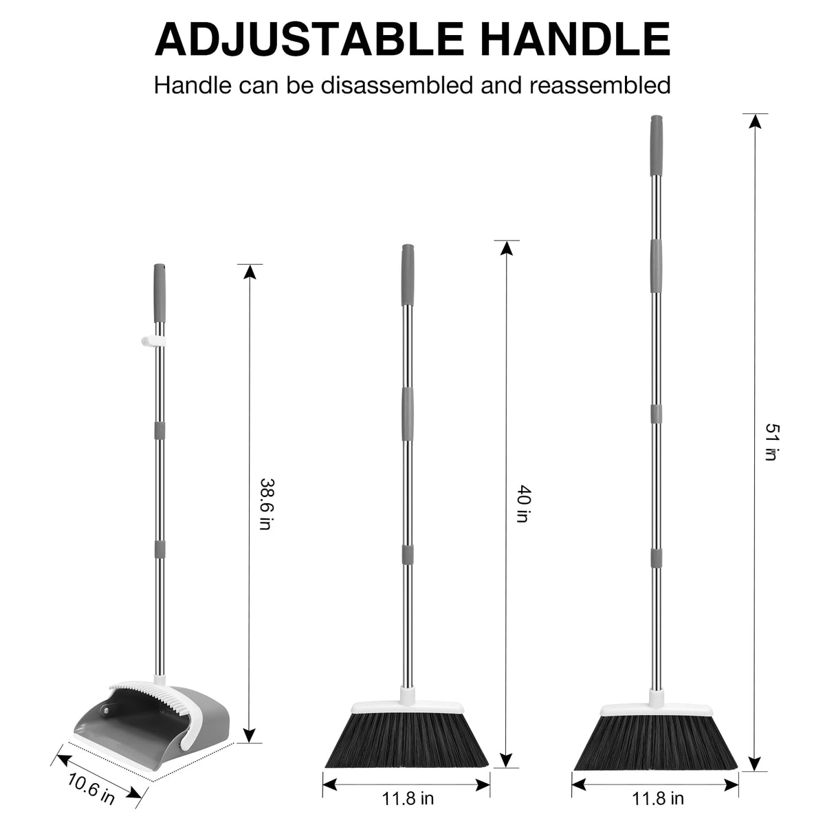 NACENA Broom and Dustpan Set, 52-in Long Adjustable Handle Broom Dustpan Combo with Dustpan Teeth to Automatically Clean Hair Suitable for Home Kitchen Office Hall Floor（Black&Red）