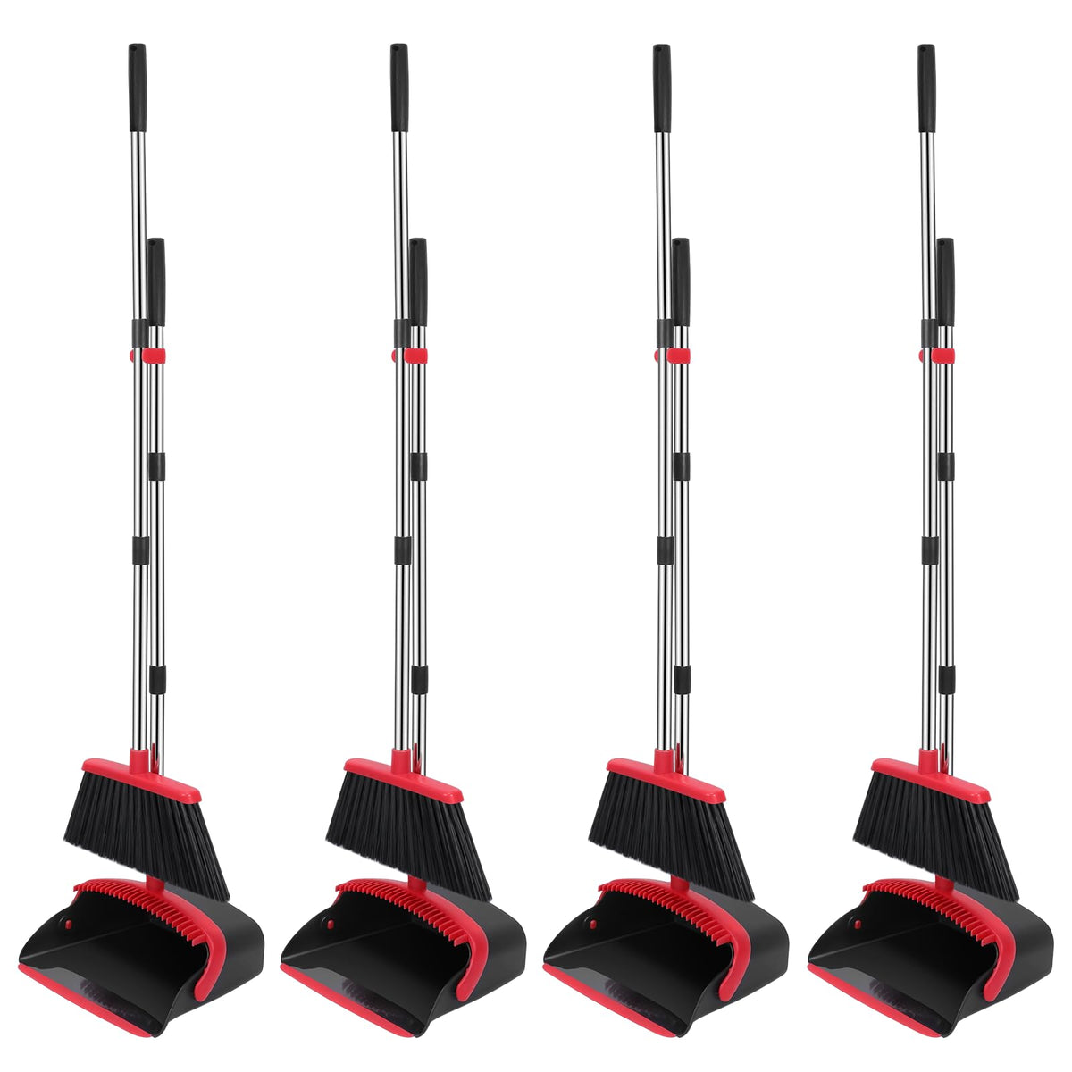 NACENA Broom and Dustpan Set, 52-in Long Adjustable Handle Broom Dustpan Combo with Dustpan Teeth to Automatically Clean Hair Suitable for Home Kitchen Office Hall Floor（Black&Red）