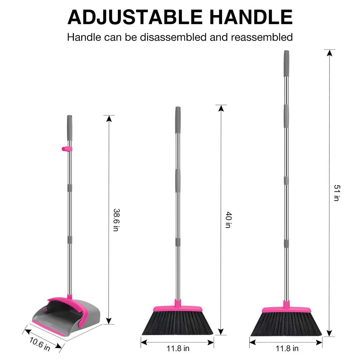 NACENA Broom and Dustpan Set, 52-in Long Adjustable Handle Broom Dustpan Combo with Dustpan Teeth to Automatically Clean Hair Suitable for Home Kitchen Office Hall Floor（Black&Red）