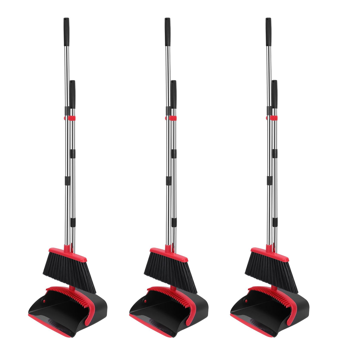 NACENA Broom and Dustpan Set, 52-in Long Adjustable Handle Broom Dustpan Combo with Dustpan Teeth to Automatically Clean Hair Suitable for Home Kitchen Office Hall Floor（Black&Red）
