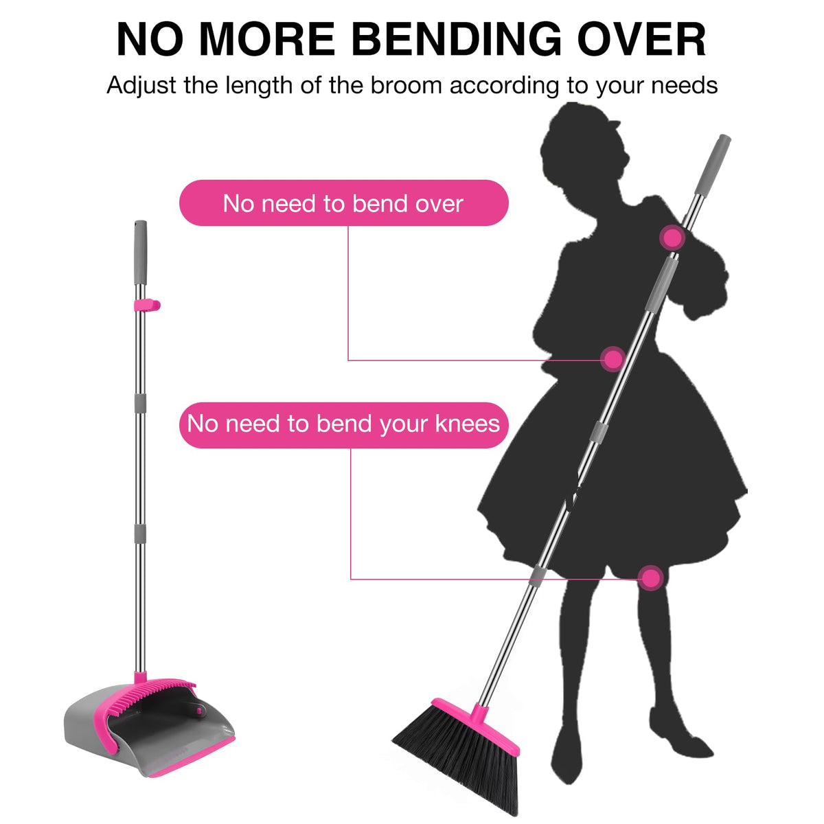NACENA Broom and Dustpan Set, 52-in Long Adjustable Handle Broom Dustpan Combo with Dustpan Teeth to Automatically Clean Hair Suitable for Home Kitchen Office Hall Floor（Black&Red）