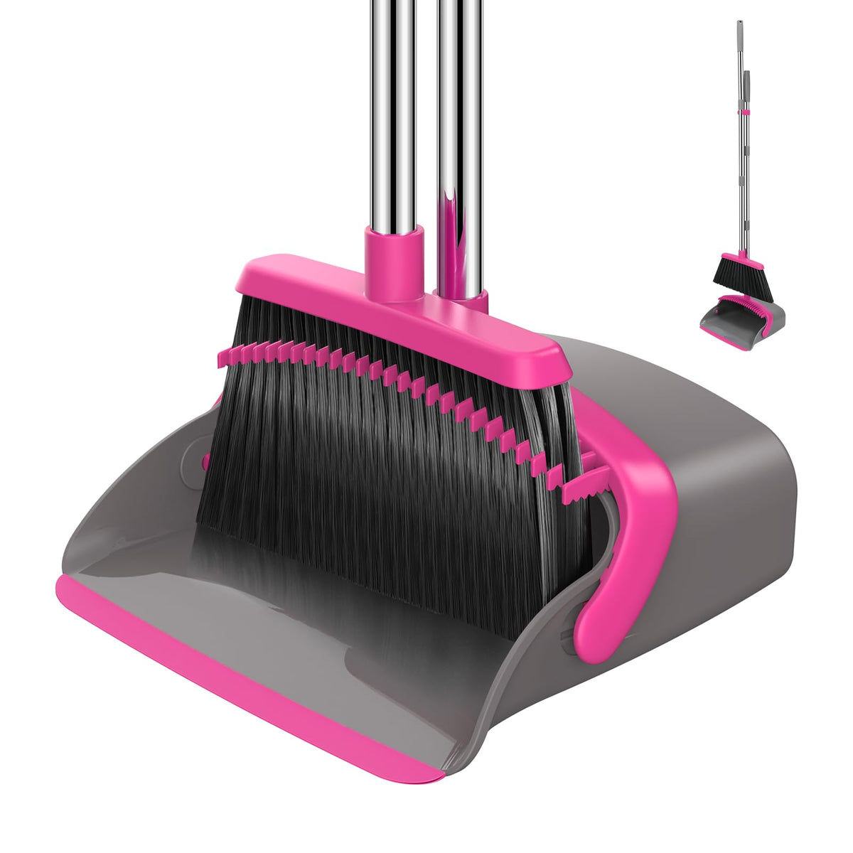 NACENA Broom and Dustpan Set, 52-in Long Adjustable Handle Broom Dustpan Combo with Dustpan Teeth to Automatically Clean Hair Suitable for Home Kitchen Office Hall Floor（Black&Red）