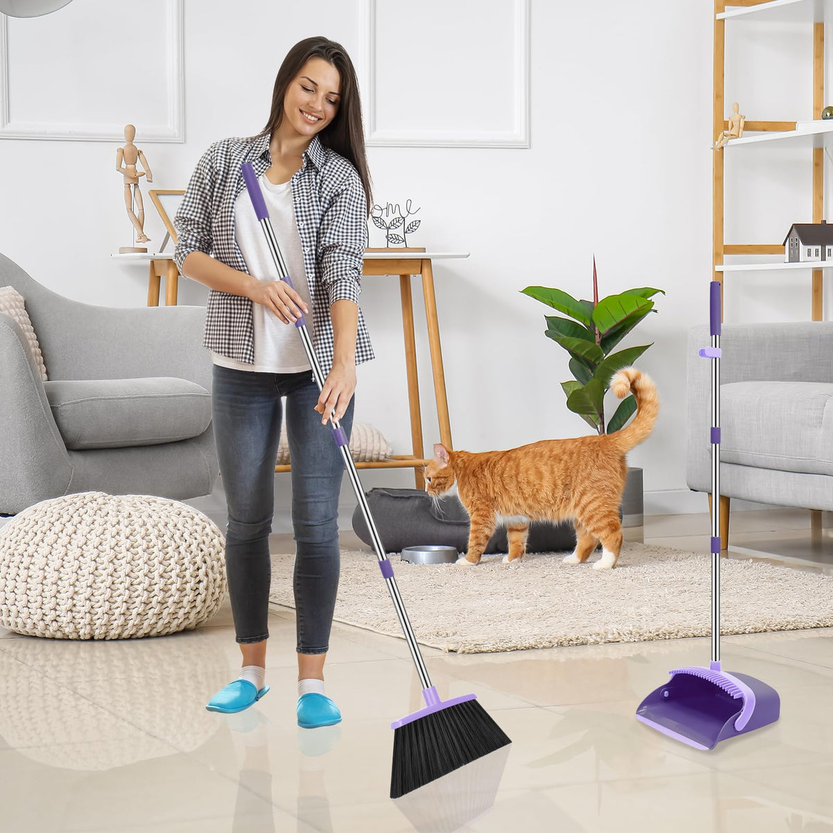 NACENA Broom and Dustpan Set, 52-in Long Adjustable Handle Broom Dustpan Combo with Dustpan Teeth to Automatically Clean Hair Suitable for Home Kitchen Office Hall Floor（Black&Red）