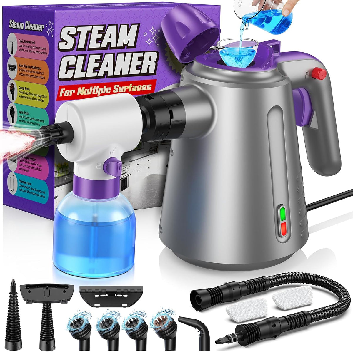 Handheld Steam Cleaner for Home, Pressurized Steamer for Cleaning Couch Carpet Car Upholstery Mattress Furniture with 14 Accessories & Safety Lock, Small Container for Grease