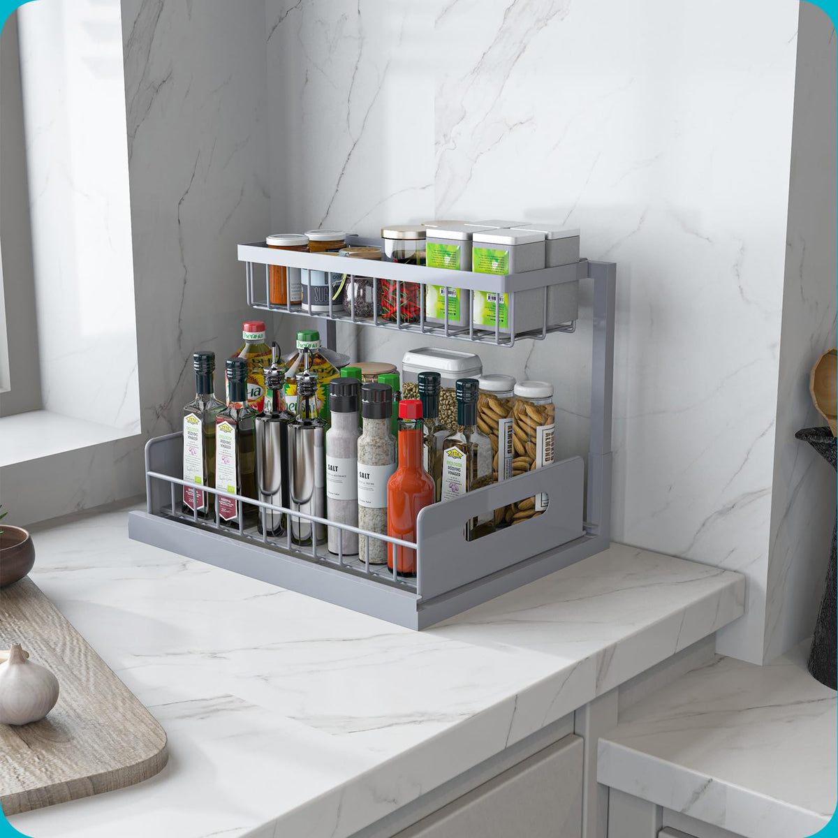 Under Sink Organizer, L-Shaped Pull Out Cabinet Organizer, Kitchen | 2 Tier Metal Slide Out Shelf for Kitchen, Bathroom, Laundry, and Utility Cabinet Storage for Deep Cabinets, Black, 1 Pack