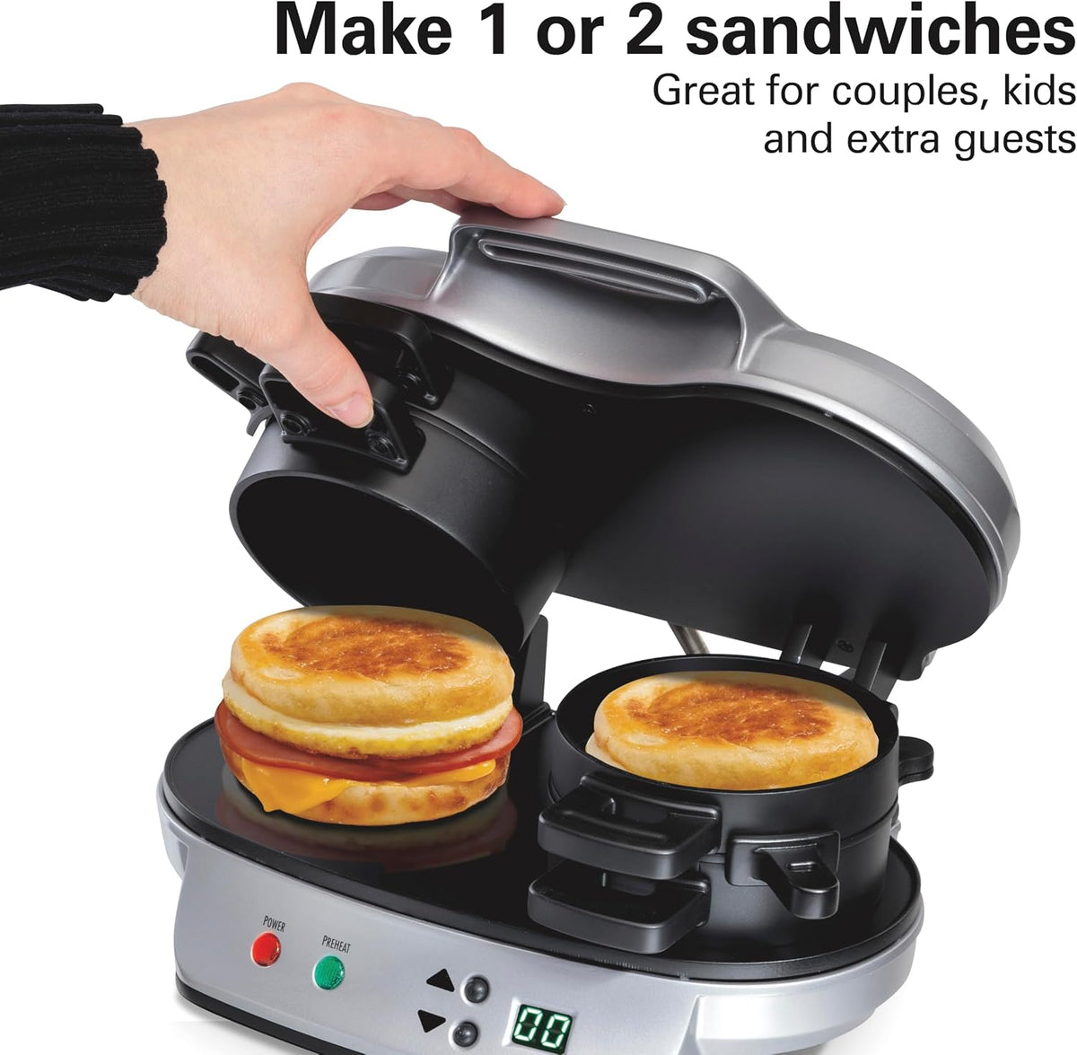 Hamilton Beach Dual Breakfast Sandwich Maker with Egg Cooker Rings & Timer