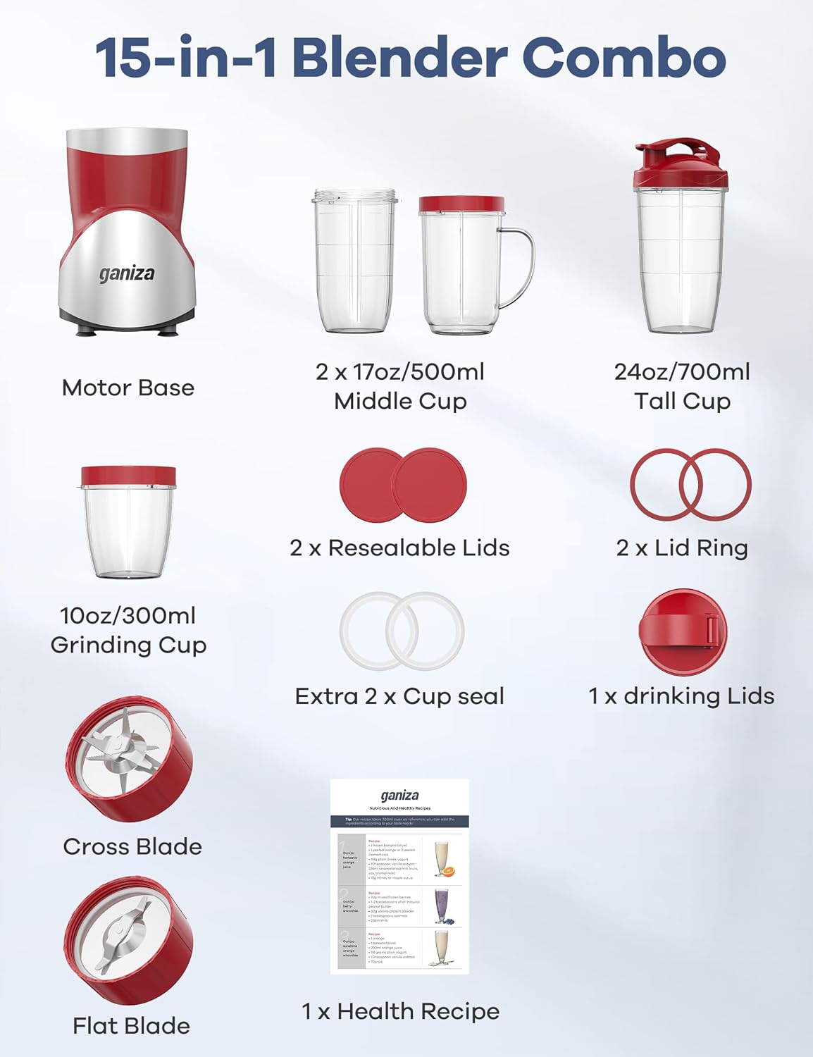 Ganiza Smoothie Blender, 900W Blenders Shakes and Smoothies, Red