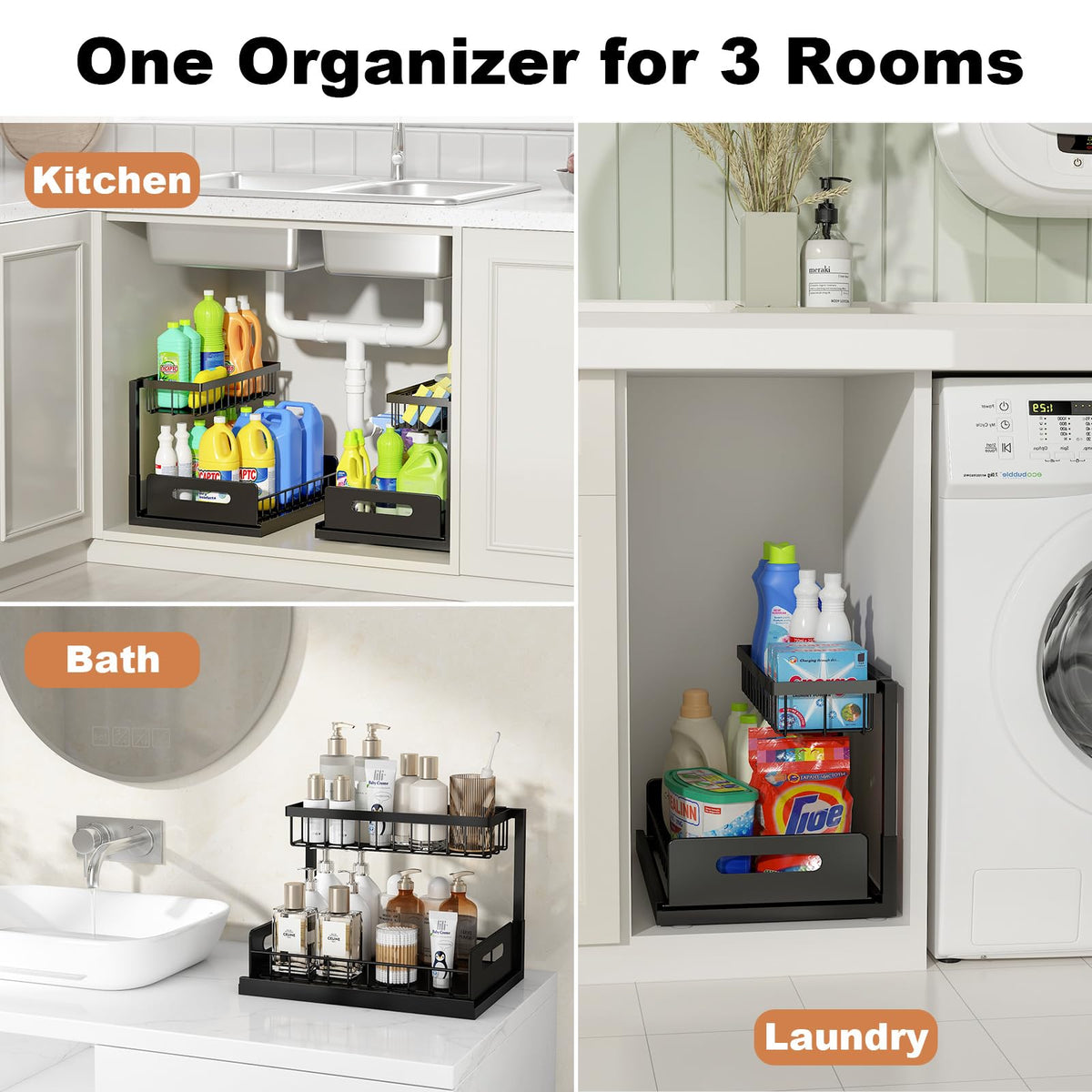 Under Sink Organizer, L-Shaped Pull Out Cabinet Organizer, Kitchen | 2 Tier Metal Slide Out Shelf for Kitchen, Bathroom, Laundry, and Utility Cabinet Storage for Deep Cabinets, Black, 1 Pack
