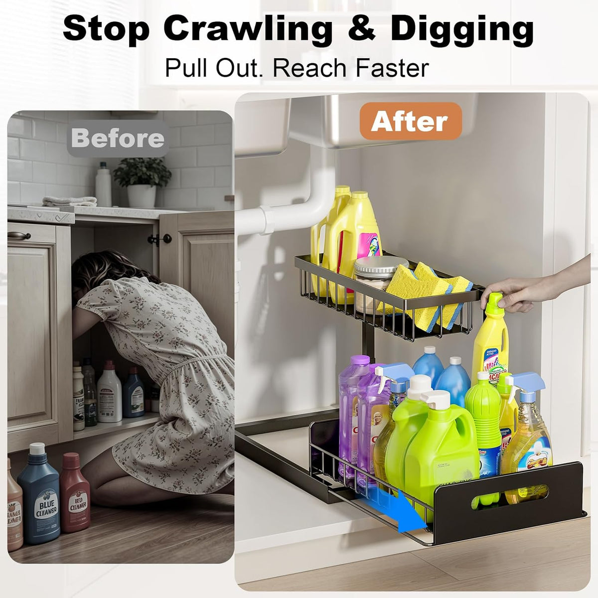Under Sink Organizer, L-Shaped Pull Out Cabinet Organizer, Kitchen | 2 Tier Metal Slide Out Shelf for Kitchen, Bathroom, Laundry, and Utility Cabinet Storage for Deep Cabinets, Black, 1 Pack