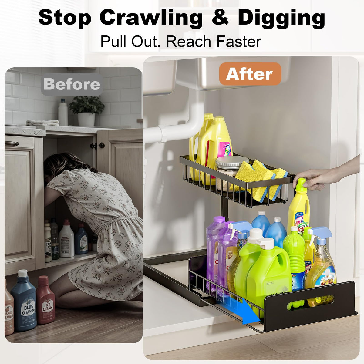 Under Sink Organizer, L-Shaped Pull Out Cabinet Organizer, Kitchen | 2 Tier Metal Slide Out Shelf for Kitchen, Bathroom, Laundry, and Utility Cabinet Storage for Deep Cabinets, Black, 1 Pack
