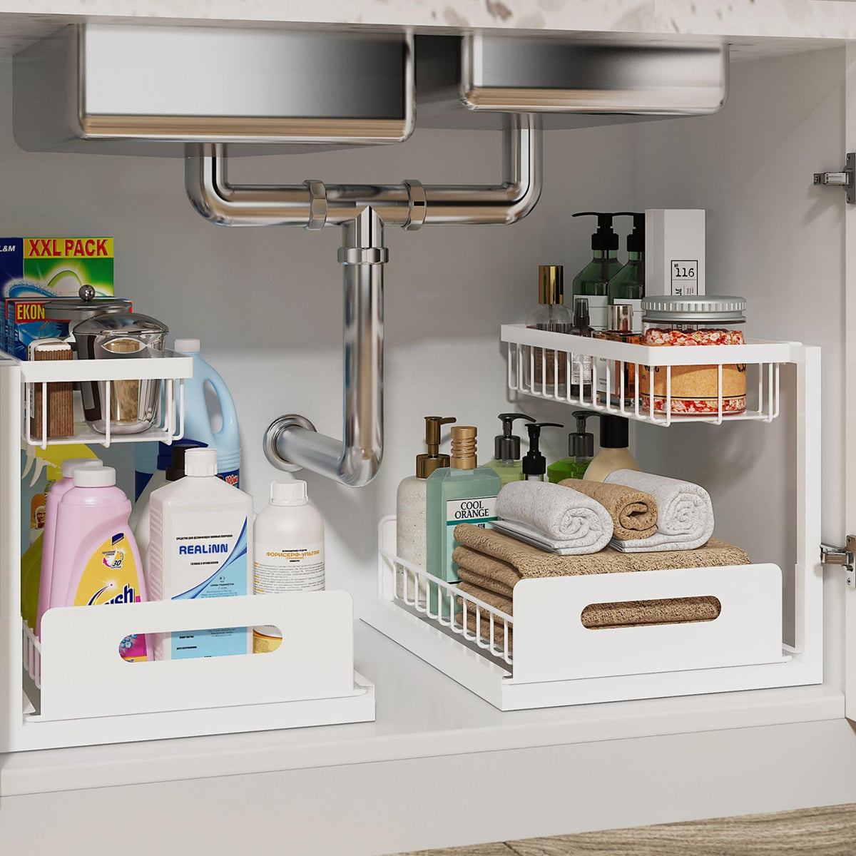 Under Sink Organizer, L-Shaped Pull Out Cabinet Organizer, Kitchen | 2 Tier Metal Slide Out Shelf for Kitchen, Bathroom, Laundry, and Utility Cabinet Storage for Deep Cabinets, Black, 1 Pack