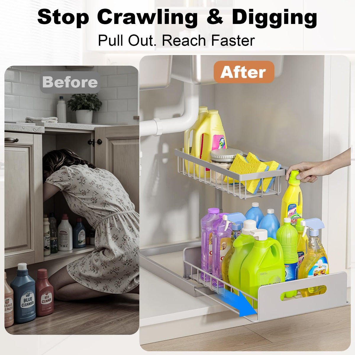 Under Sink Organizer, L-Shaped Pull Out Cabinet Organizer, Kitchen | 2 Tier Metal Slide Out Shelf for Kitchen, Bathroom, Laundry, and Utility Cabinet Storage for Deep Cabinets, Black, 1 Pack