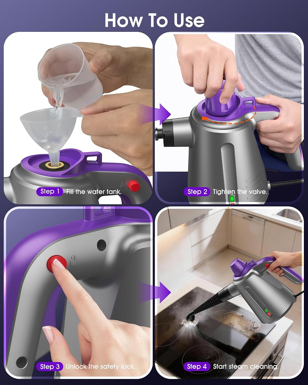 Handheld Steam Cleaner for Home, Pressurized Steamer for Cleaning Couch Carpet Car Upholstery Mattress Furniture with 14 Accessories & Safety Lock, Small Container for Grease