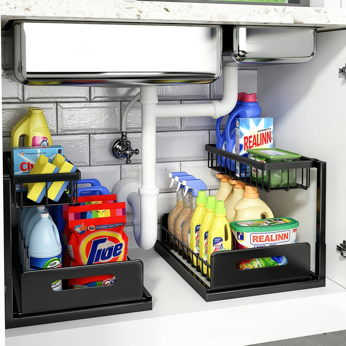 Under Sink Organizer, L-Shaped Pull Out Cabinet Organizer, Kitchen | 2 Tier Metal Slide Out Shelf for Kitchen, Bathroom, Laundry, and Utility Cabinet Storage for Deep Cabinets, Black, 1 Pack