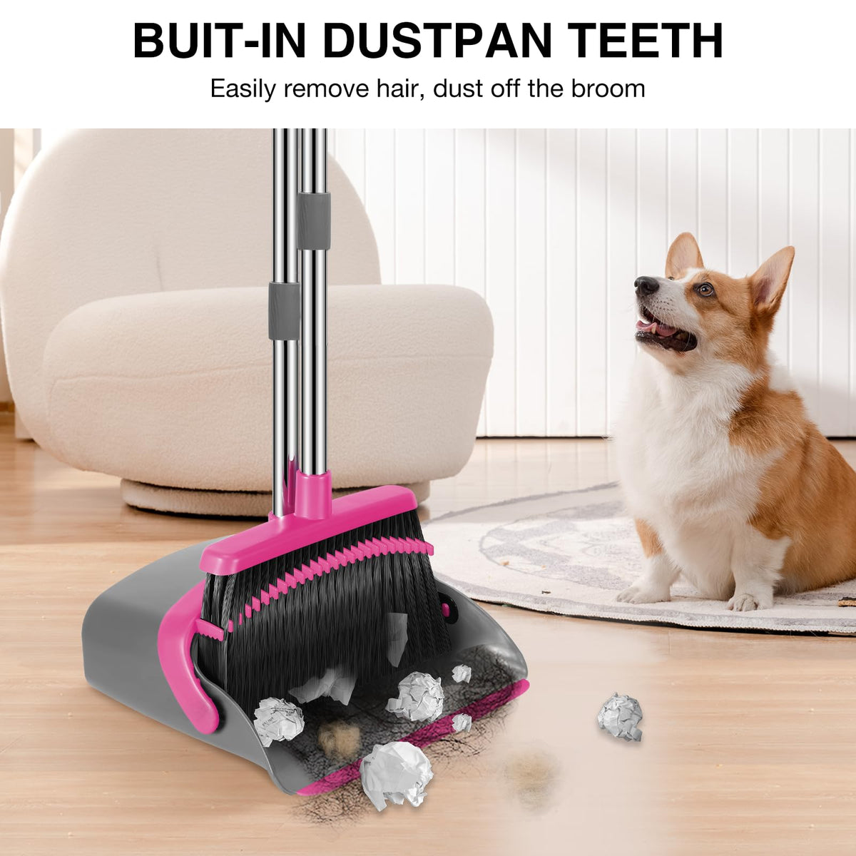 NACENA Broom and Dustpan Set, 52-in Long Adjustable Handle Broom Dustpan Combo with Dustpan Teeth to Automatically Clean Hair Suitable for Home Kitchen Office Hall Floor（Black&Red）