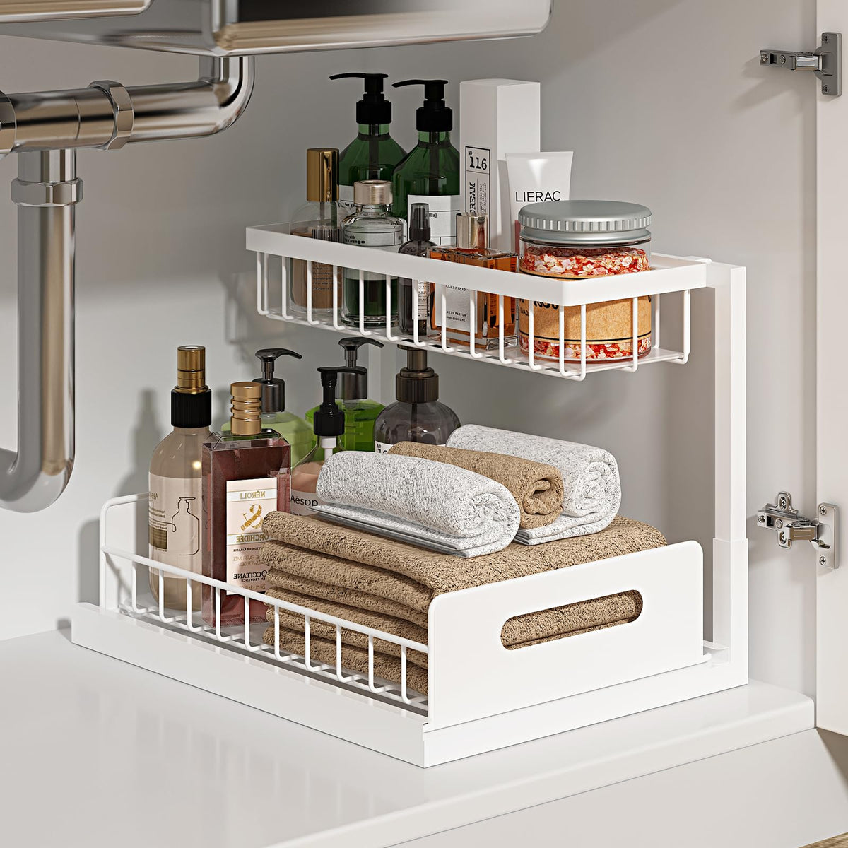 Under Sink Organizer, L-Shaped Pull Out Cabinet Organizer, Kitchen | 2 Tier Metal Slide Out Shelf for Kitchen, Bathroom, Laundry, and Utility Cabinet Storage for Deep Cabinets, Black, 1 Pack