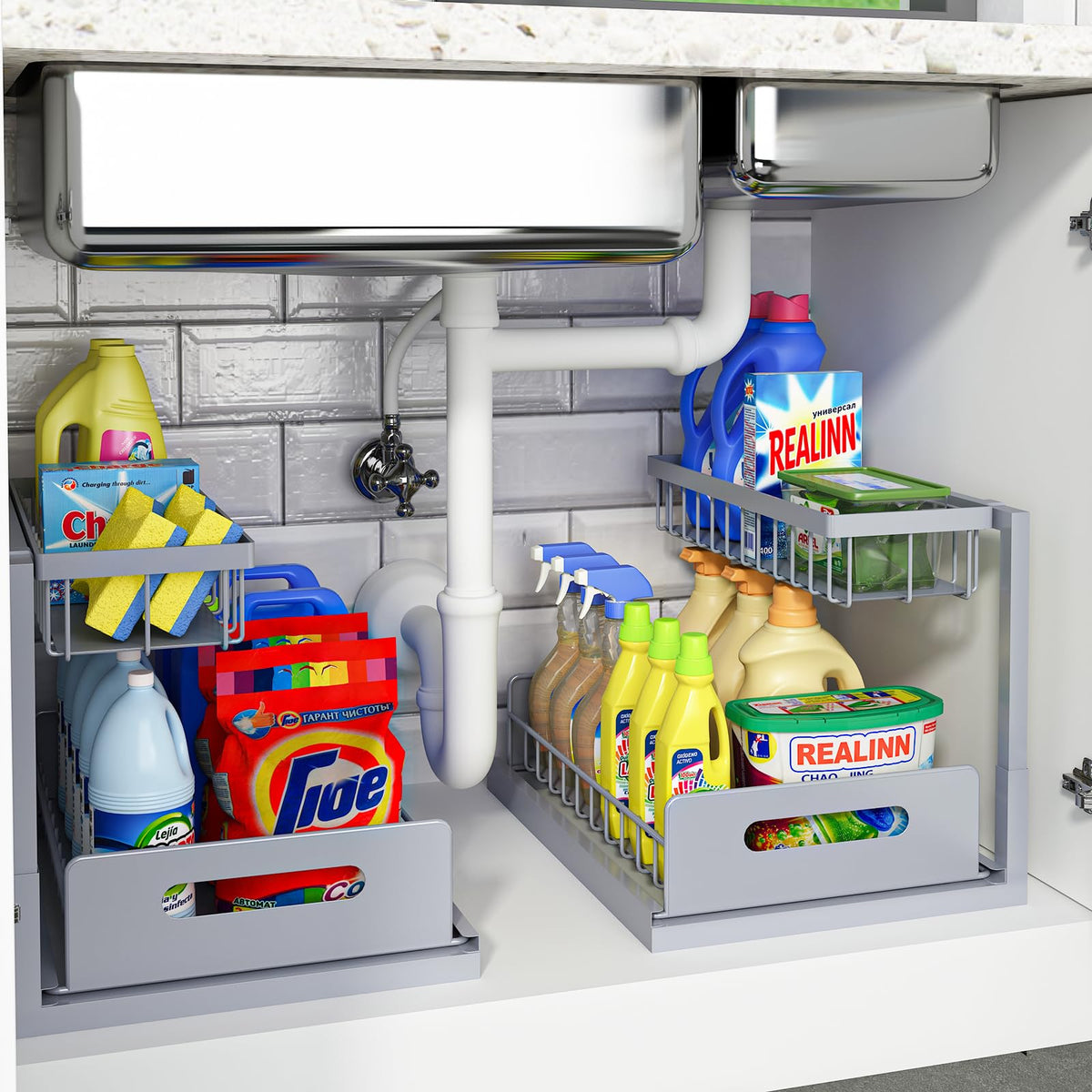 Under Sink Organizer, L-Shaped Pull Out Cabinet Organizer, Kitchen | 2 Tier Metal Slide Out Shelf for Kitchen, Bathroom, Laundry, and Utility Cabinet Storage for Deep Cabinets, Black, 1 Pack