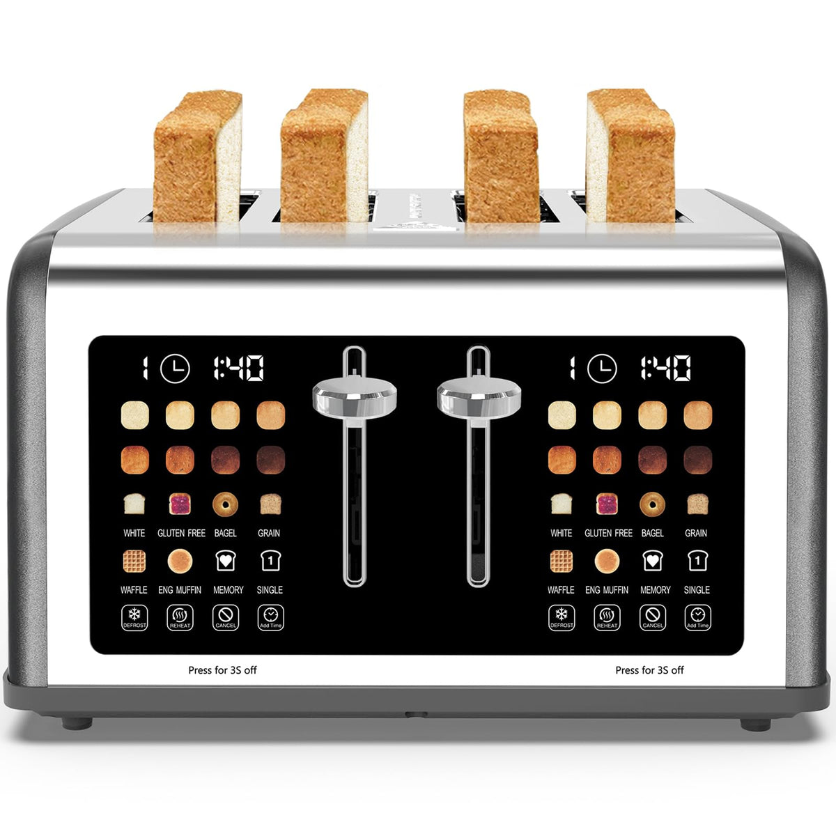 4 Slice Toaster Touch Screen, Stainless Steel Toasters Digital Timer, Dual Control Panel Toasters, 8 Shade Settings 6 Bread Types for Bagel, Cancel, Defrost 1650W Black