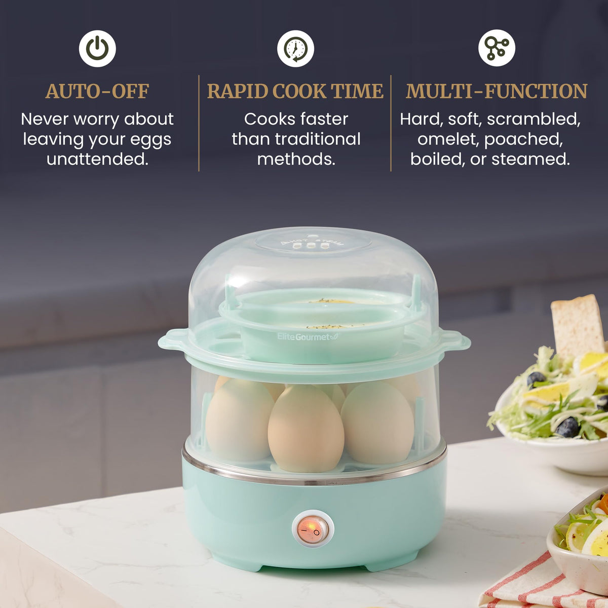 Elite Gourmet EGC115M Easy Egg Cooker, 7-Egg, BPA-Free, Retro Mint | Cooks soft, medium, or hard-boiled eggs with auto shut-off - electric operation - includes measuring cup