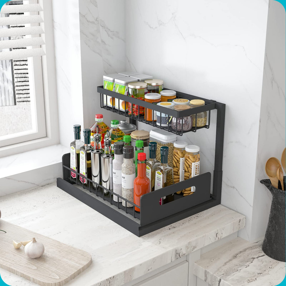 Under Sink Organizer, L-Shaped Pull Out Cabinet Organizer, Kitchen | 2 Tier Metal Slide Out Shelf for Kitchen, Bathroom, Laundry, and Utility Cabinet Storage for Deep Cabinets, Black, 1 Pack