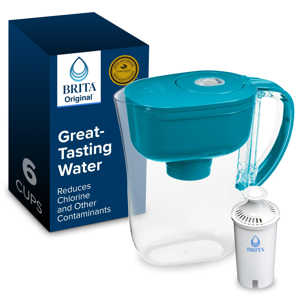Brita Small 6-Cup Water Filter Pitcher, Includes 1 Filter, White | WQA and NSF/ANSI Certified, Reduces Chlorine, Copper, Mercury & Cadmium, Lasts 2 Months, Household Essential