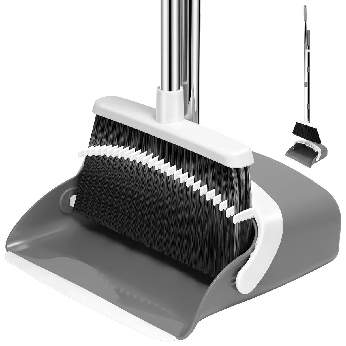 NACENA Broom and Dustpan Set, 52-in Long Adjustable Handle Broom Dustpan Combo with Dustpan Teeth to Automatically Clean Hair Suitable for Home Kitchen Office Hall Floor（Black&Red）
