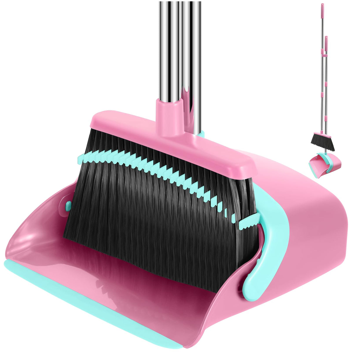 NACENA Broom and Dustpan Set, 52-in Long Adjustable Handle Broom Dustpan Combo with Dustpan Teeth to Automatically Clean Hair Suitable for Home Kitchen Office Hall Floor（Black&Red）
