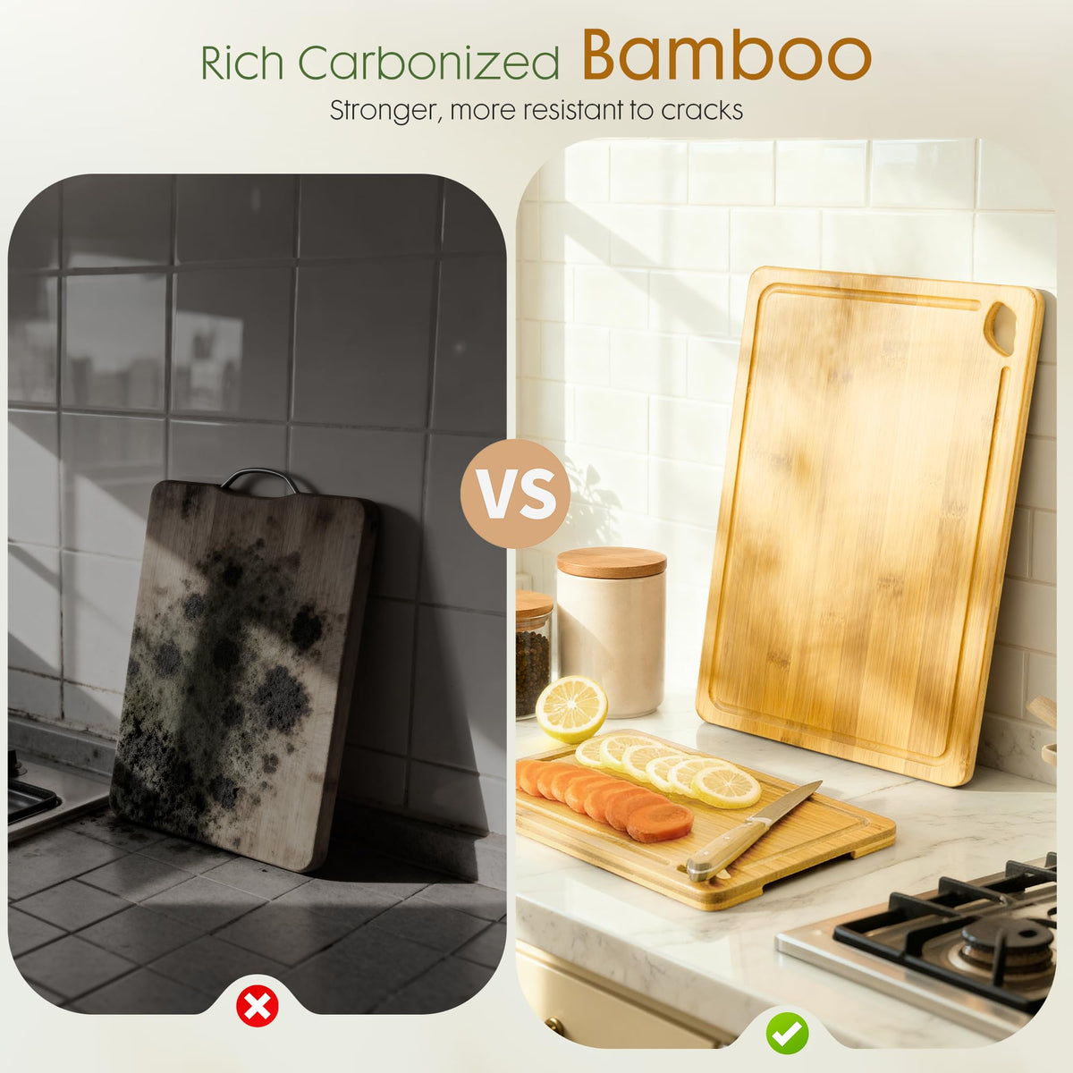 Astercook Deep-Carbonized Bamboo Cutting Boards for Kitchen with Wood Storage Stand, Reversible Charcuterie & Chopping Boards with Juice Grooves and Easy-Grip Handles, Fathers Day Gift for Men