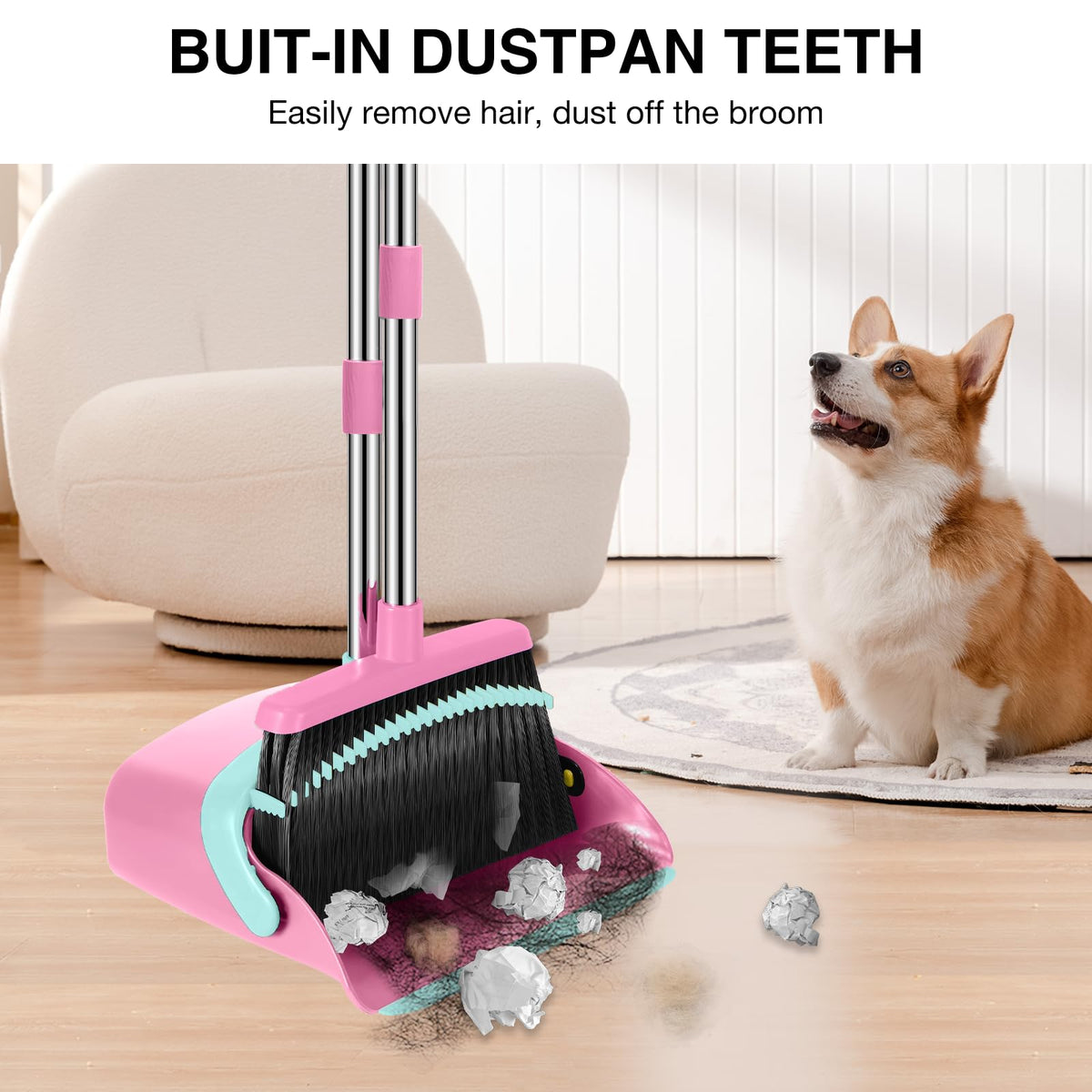 NACENA Broom and Dustpan Set, 52-in Long Adjustable Handle Broom Dustpan Combo with Dustpan Teeth to Automatically Clean Hair Suitable for Home Kitchen Office Hall Floor（Black&Red）