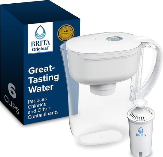 Brita Small 6-Cup Water Filter Pitcher, Includes 1 Filter, White | WQA and NSF/ANSI Certified, Reduces Chlorine, Copper, Mercury & Cadmium, Lasts 2 Months, Household Essential