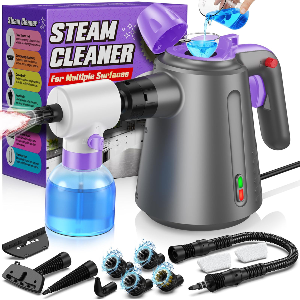 Handheld Steam Cleaner for Home, Pressurized Steamer for Cleaning Couch Carpet Car Upholstery Mattress Furniture with 14 Accessories & Safety Lock, Small Container for Grease