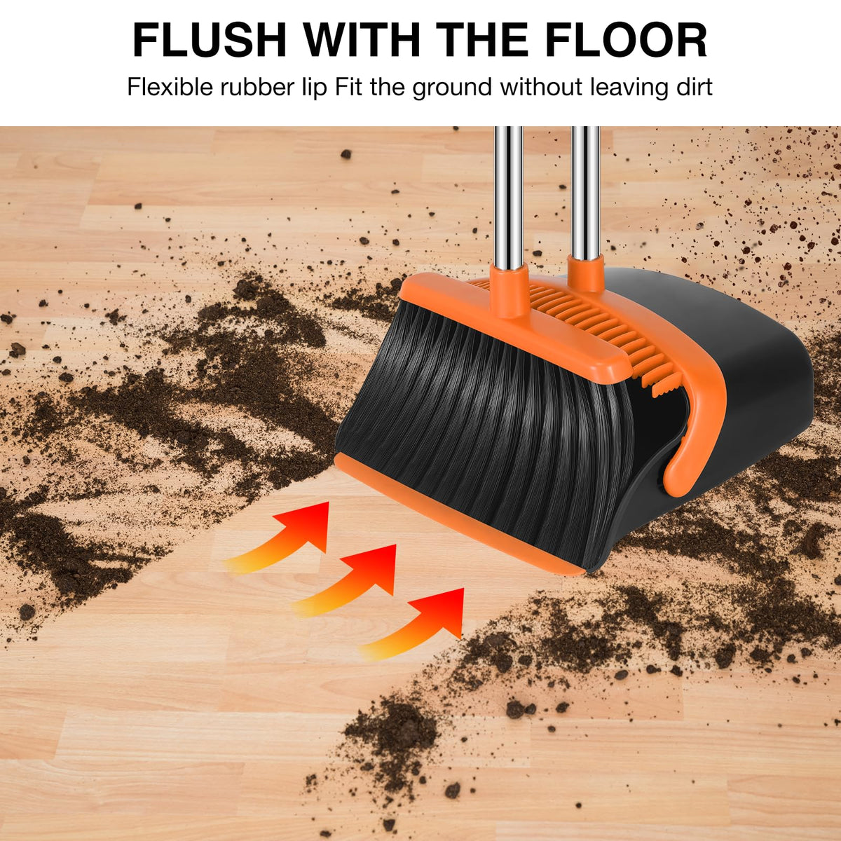 NACENA Broom and Dustpan Set, 52-in Long Adjustable Handle Broom Dustpan Combo with Dustpan Teeth to Automatically Clean Hair Suitable for Home Kitchen Office Hall Floor（Black&Red）