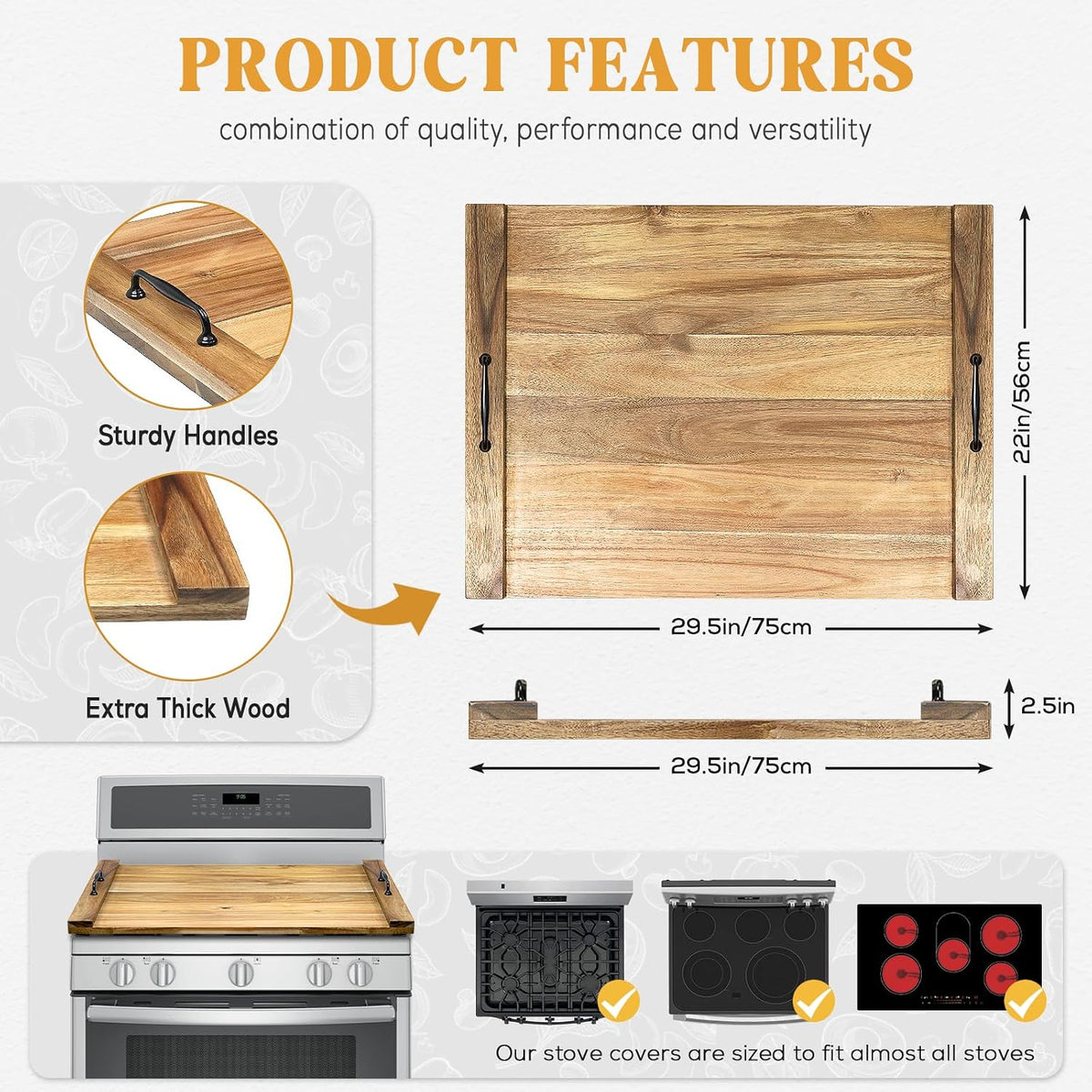 GASHELL Noodle Board Stove Cover with Handles for Electric, Gas Stove Top