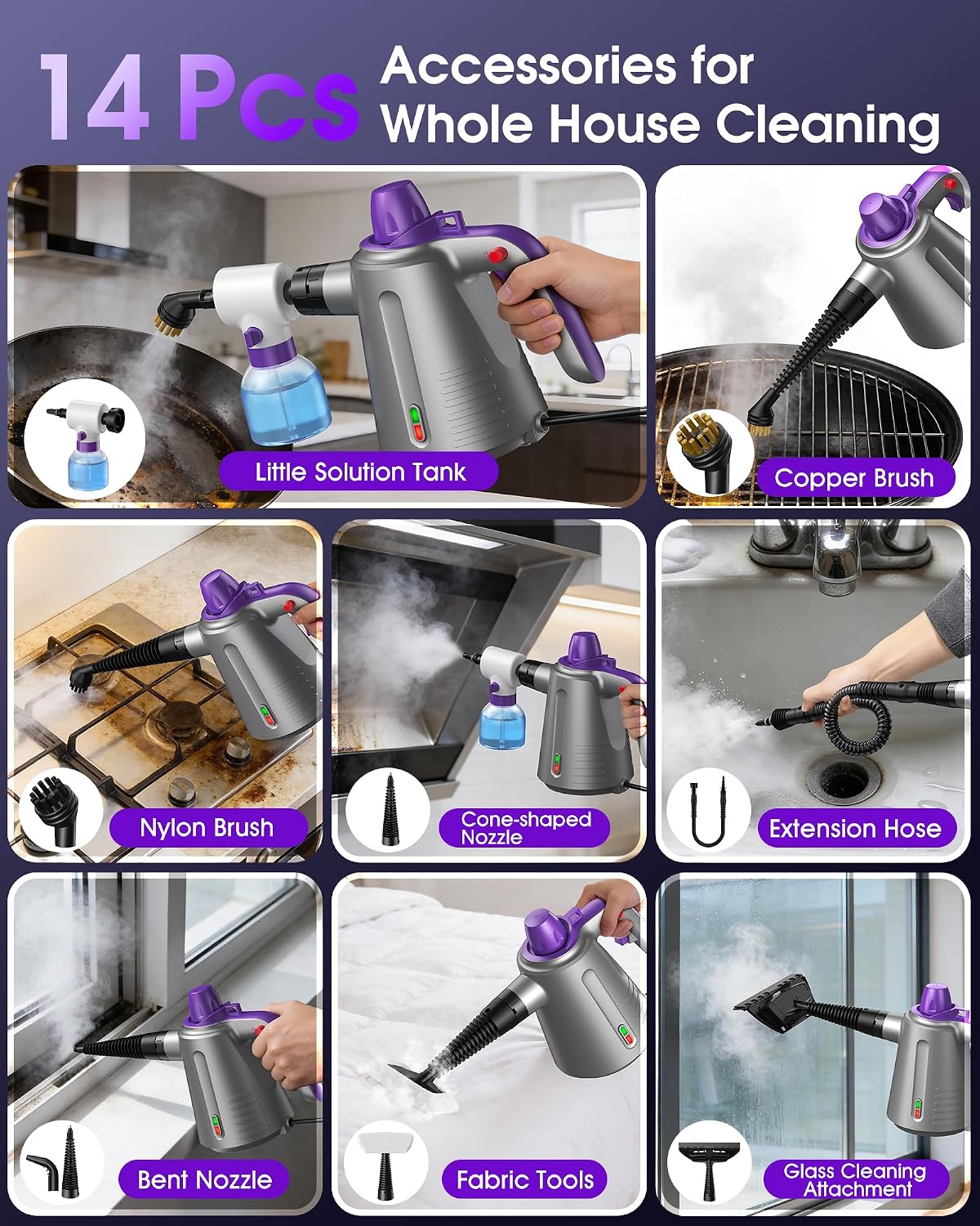Handheld Steam Cleaner for Home, Pressurized Steamer for Cleaning Couch Carpet Car Upholstery Mattress Furniture with 14 Accessories & Safety Lock, Small Container for Grease