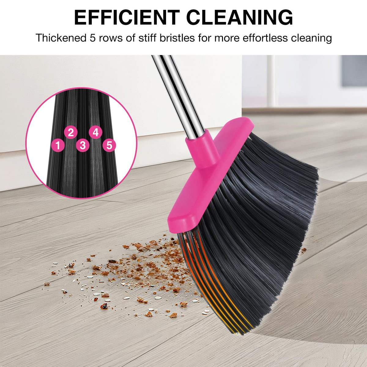 NACENA Broom and Dustpan Set, 52-in Long Adjustable Handle Broom Dustpan Combo with Dustpan Teeth to Automatically Clean Hair Suitable for Home Kitchen Office Hall Floor（Black&Red）