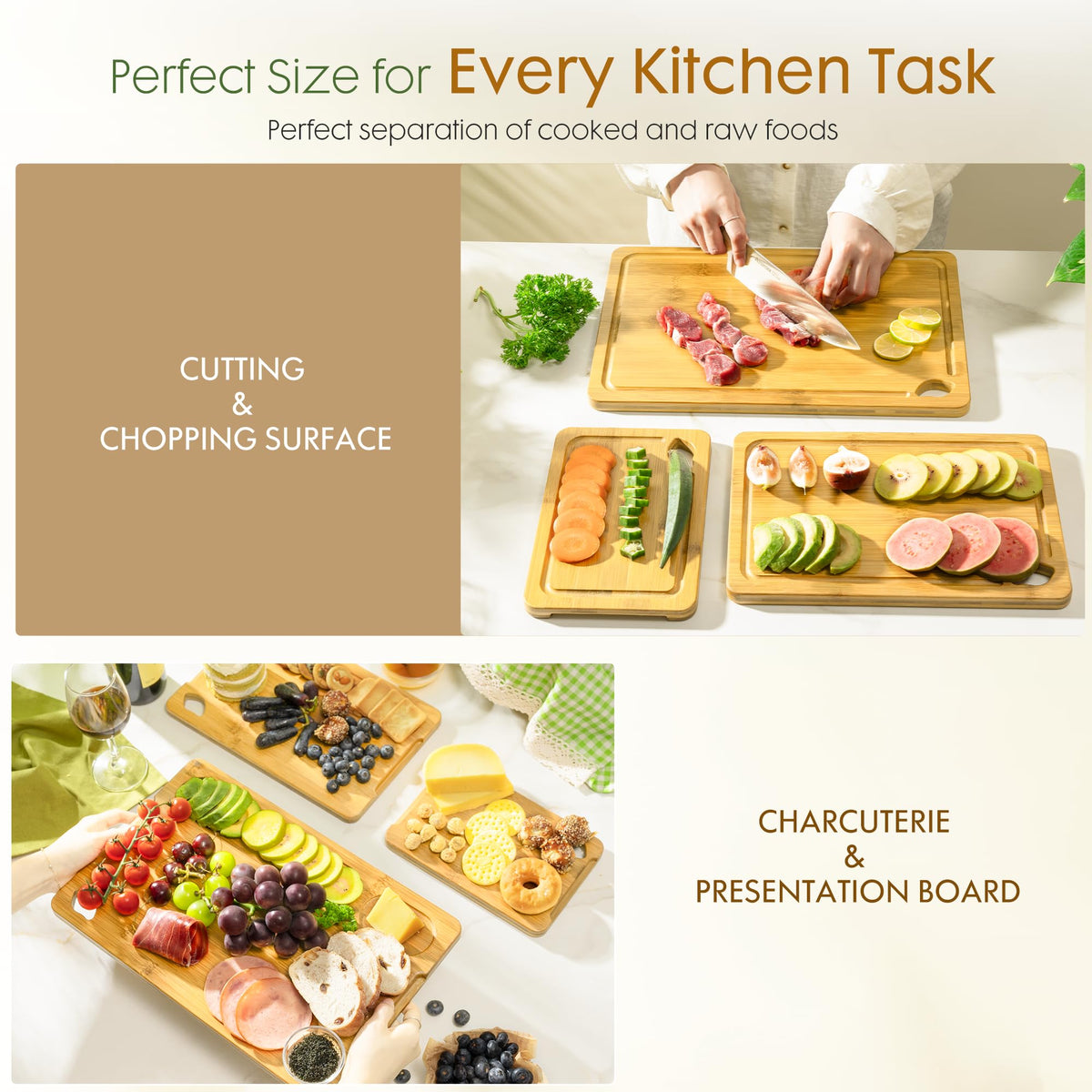 Astercook Deep-Carbonized Bamboo Cutting Boards for Kitchen with Wood Storage Stand, Reversible Charcuterie & Chopping Boards with Juice Grooves and Easy-Grip Handles, Fathers Day Gift for Men