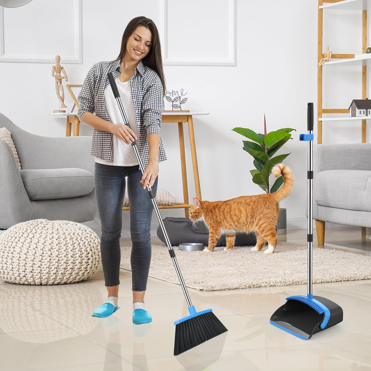 NACENA Broom and Dustpan Set, 52-in Long Adjustable Handle Broom Dustpan Combo with Dustpan Teeth to Automatically Clean Hair Suitable for Home Kitchen Office Hall Floor（Black&Red）